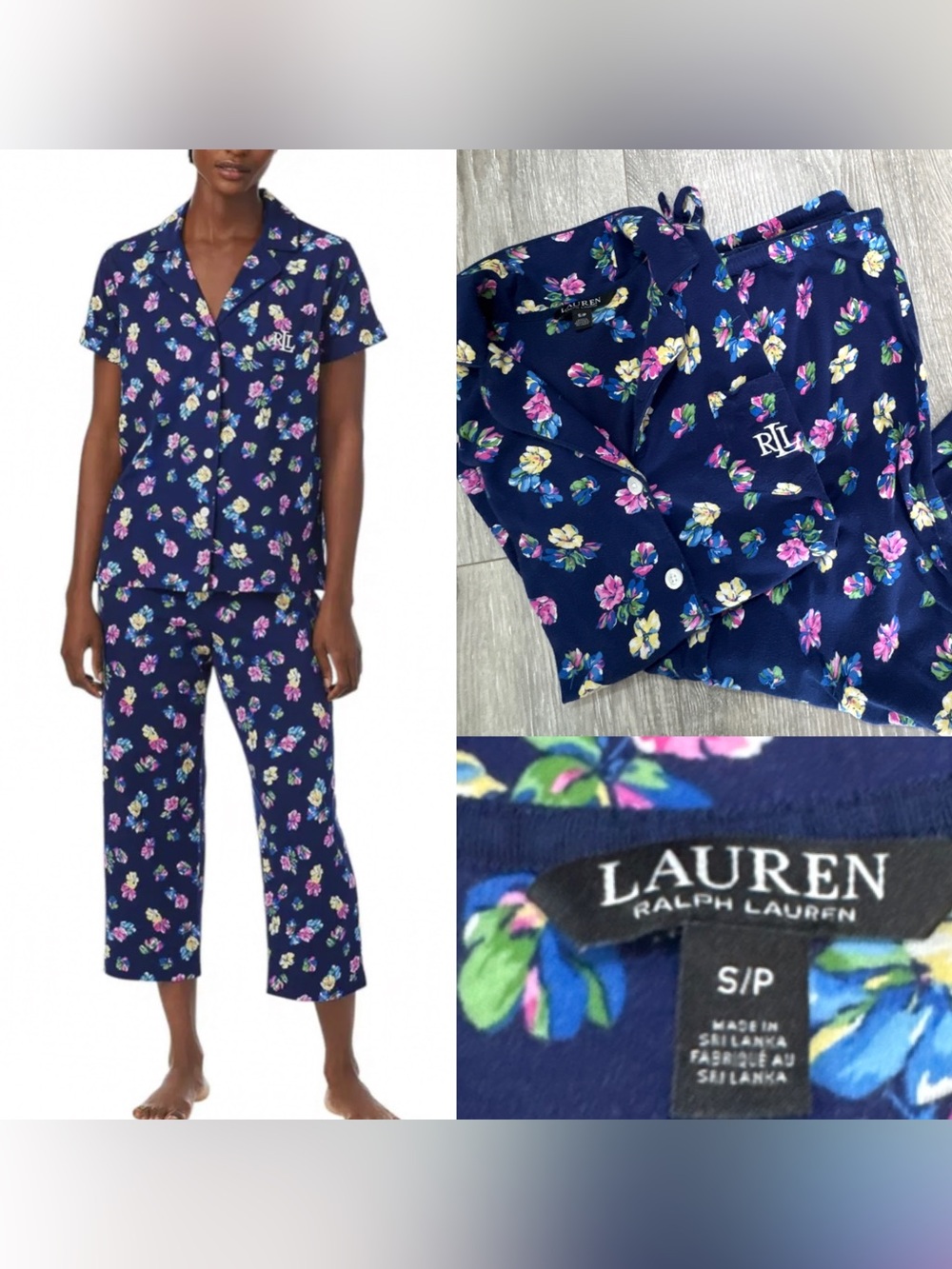 Lauren Ralph Lauren Floral Pajama Set Top S Bottom M Blue Capri Sleepwear